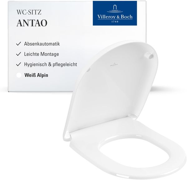 Villeroy & Boch Antao WC-Sitz - Toilettendeckel mit Absenkautomatik - Abnehmbarer, bruchsicherer Toilettensitz aus Duroplast - Original Ersatzteil - Klodeckel in D-Form - Weiß Alpin, glänzend