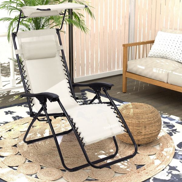 Todeco Liegestuhl klappbar mit Sonnenschutz, Sonnenstuhl mit abziehbare Kissen, Max Belastbarkeit 100kg, Strandliegestuhl leicht, Beige