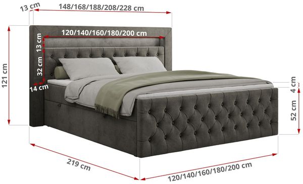Mks Möbel 'Gold-9' Boxspringbett mit Bettkasten und LED-Beleuchtung, 180x200 cm, Dunkelgrau, Velours, Mittelfest (H3) Bild 5