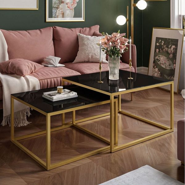 Lookway Couchtisch YOSHI GLASS 2in1 mit Glasplatte, Gestell in Gold Matt (2er-Set), Breite: 70 cm und 60 cm