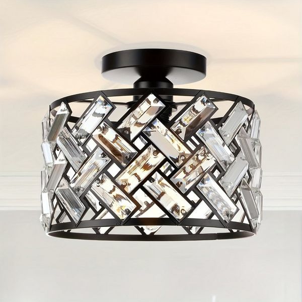 JDONG Deckenleuchte Schwarz Kristall Deckenleuchten Modern Deckenlampe Rund Lampenschirm, E27 Klein Deckenlampen für Schlafzimmer Wohnzimmer Küche Flur, Ø23.5cm