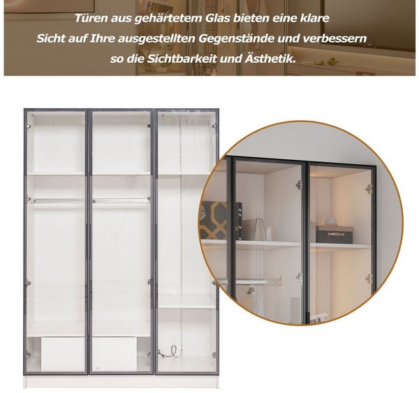 Merax Kleiderschrank Hochschrank, Vitrine mit Glastüren und LED,Drehtürenschrank,Wäscheschrank,Garderobe