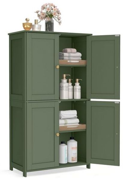 VASAGLE Badschrank mit 4 Türen, mit höhenverstellbaren Einlegeböden, Shaker-Stil, Holz grün, 30 x 60 x 108,5 cm