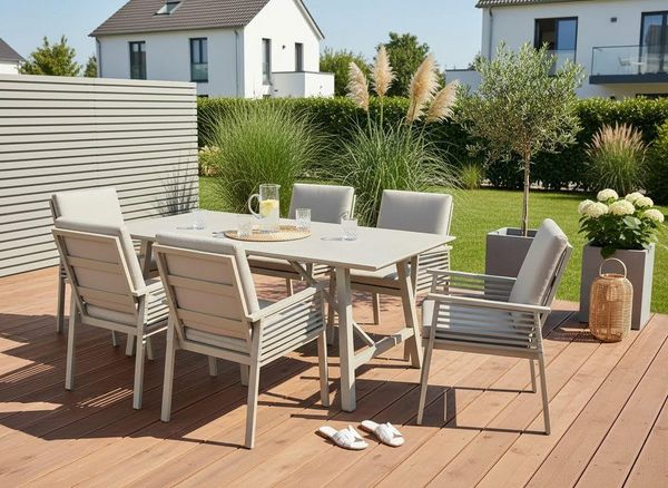 KONIFERA Garten-Essgruppe Edessa, (Set, 19-tlg, 6x Sessel, 6x Sitzauflagen, 6x Rückenauflagen,1x Tisch), bestehend aus 6 Sesseln mit Auflagen, 1 Tisch