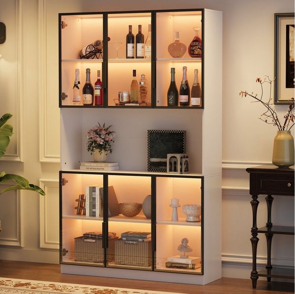Merax Glasvitrine mit LED-Beleuchtung per App (Multifunktionsschrank Vitrinenschrank, 1-St, Hochschrank Wohnzimmerschrank Schrank) Vitrine mit 6 Glastüren und Stauraum, Standvitrine, 120x34x200cm