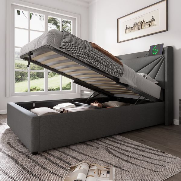 Polsterbett 90×200 cm mit Bettkasten, USB/Typ-C am Kopfteil, grau