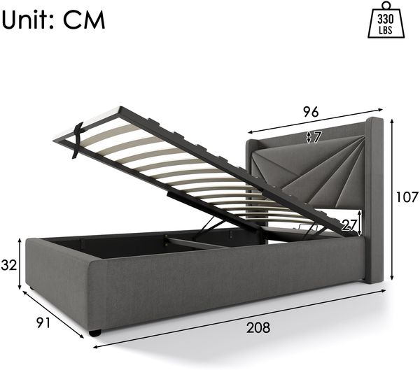 Polsterbett 90×200 cm mit Bettkasten, USB/Typ-C am Kopfteil, grau Bild 4