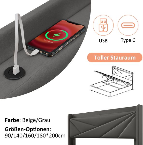 Polsterbett 90×200 cm mit Bettkasten, USB/Typ-C am Kopfteil, grau Bild 8