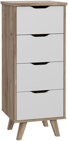 Hochkommode >VANKKA< 4 Schubladen, Planked Eiche Dekor / Weiss - 45x108,7x42cm (B/H/T)