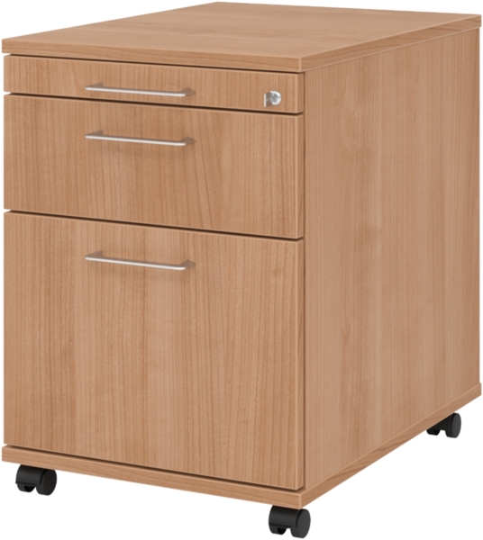 bümö Rollcontainer mit Hängeregistratur, Container abschließbar aus Holz in Nussbaum - Rollwagen für's Büro mit Hängeregister als Schreibtisch Unterschrank od. Bürocontainer m. Bügelgriffe, AC20-N-N-BS