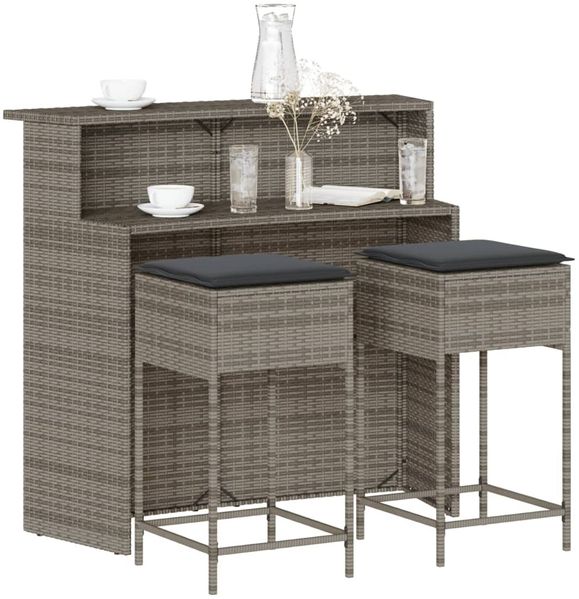 vidaXL 3-tlg. Gartenbar-Set mit Kissen Grau Poly Rattan 3261488
