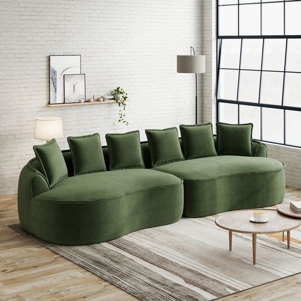 Modulares 4-Sitzer-Sofa aus Chenille mit tiefer Chaiselongue, 320 x 114 x 67 cm, grün