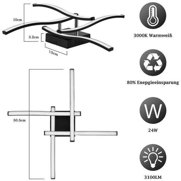 ZMH LED Deckenleuchte Wohnzimmer moderne LED Deckenlampe 4-flammig 24W,50,5x50,5cm, LED fest integriert, 3000K Warmweiß