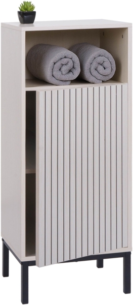 Kommode HWC-O42, Badezimmerkommode Badschrank Schrank mit 1 Tür, 3 Staufächer, MDF Melamin 98x39x30cm ~ Holzoptik beige