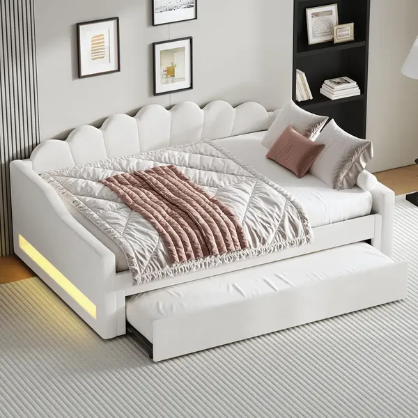 Schlafsofa mit Bettfunktion, LED-Beleuchtung, Lattenrost und Gästebett, 140x200cm, Doppelbett, Polsterbett, Bettsofa, Leinen