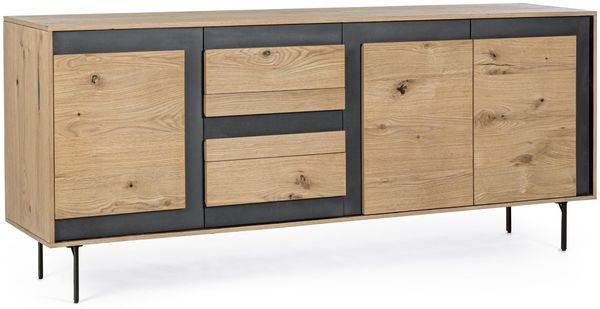 Sideboard Stanwood aus Eichenholz, modern, natur, 200 cm, schwarze Metallfüße, 3 Türen, 3 Schubladen