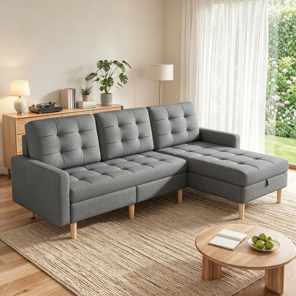 Merax 212cm Ecksofa mit Stauraum, L Sofa wechselbare Chaiselongue, 3 Sitzer Eckcouch Vliesstoff, Ecksofa für kleine Wohnung, Couch mit Stauraumfach, graues Wohnzimmer Sofa