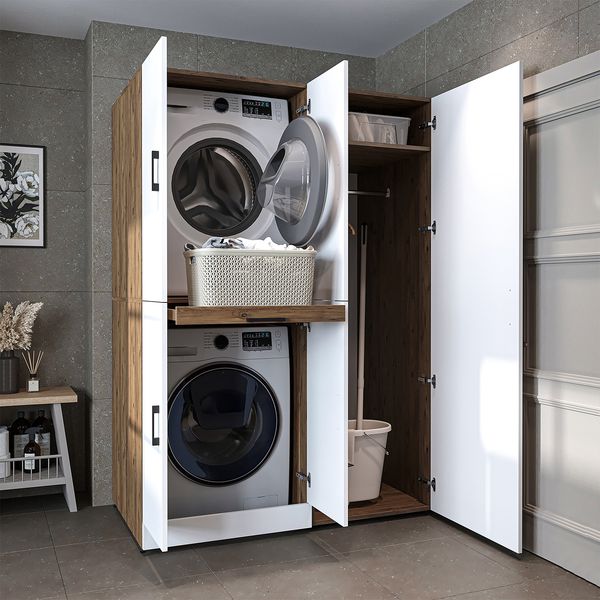Roomart Waschmaschinenschrank- DORA-I- 130 cm breit – Waschmaschinen- & Trockner-Überbau mit Türen und Ausziehplatte, Bad & Waschküche • Weiß-Eiche
