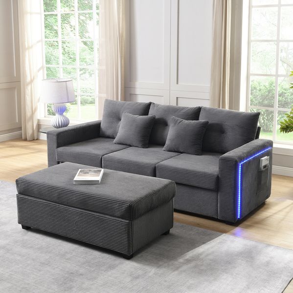 L-Form-Sofa mit Ottoman 98x51 cm, LED-Beleuchtung und Cordbezug – 5-Kissen-Set in Antique Gray