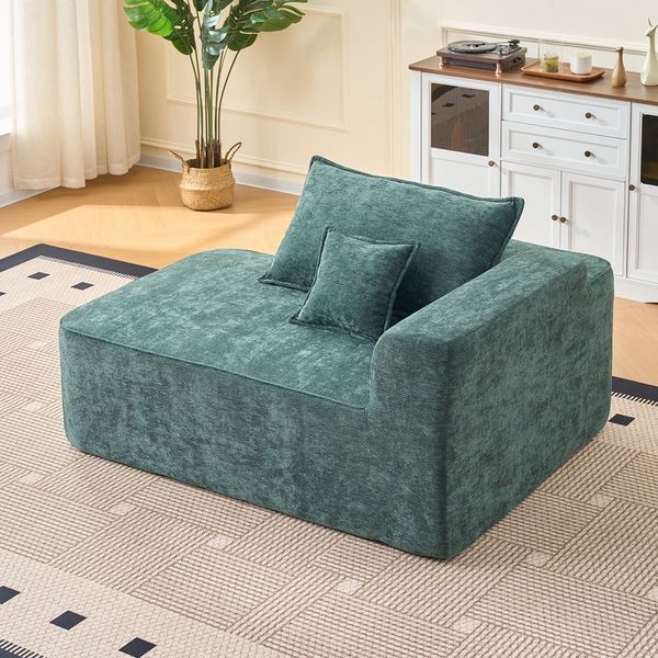 Sofa in Grün aus Chenille mit Chaiselongue-Funktion, Sitzhöhe 41 cm, Seitentaschen und ohne Montage,65 x 144 x 112 cm
