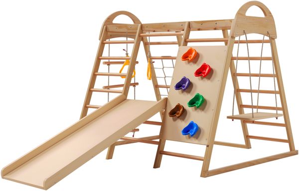 7-in-1-Multifunktions-Klettergerüst aus Massivholz mit Schaukel, Kletterleiter, Rutsche, Kletternetz, Ringen und Zelthaus-Funktion, Natur