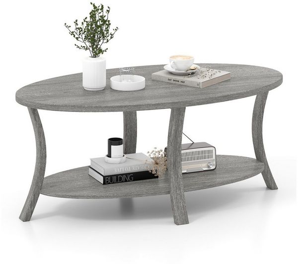 COSTWAY Couchtisch, ovaler Wohnzimmertisch mit Ablage, Holz