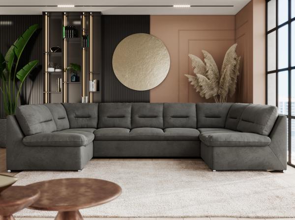 Ecksofa, Sofa big XXL, Wellenfedern, Wohnlandschaft XXL, mit Schlaffunktion - COMODO U - Dunkelgrau Velours - Topper T25