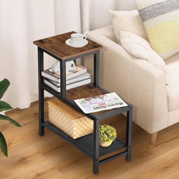 Schmaler Sofa Beistelltisch mit 3-stufigen Regalen, industrieller Nachttisch