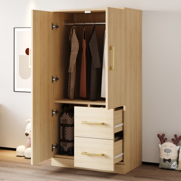 Kleiderschrank, Doppeltür-Design, Schubladen, Staufächer, Kinderkleiderschrank, Einzelkleiderschrank, Holzfarbe, 70 × 40 × 135 cm