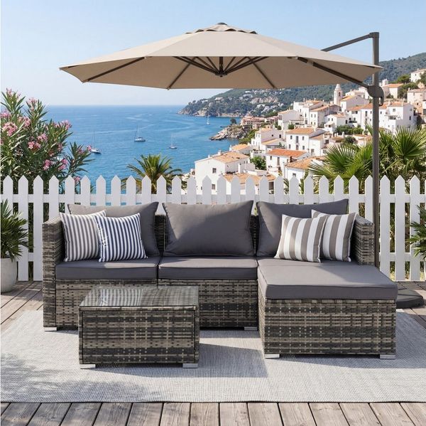 oyajia Gartenlounge-Set Gartenmöbel-Set, (1 Ecksofa, 1 Hocker, 1 Couchtisch, 4 Sitzkissen, 3 Rückenkissen, 5-tlg, UV-beständig für stilvolles Outdoor-Leben), wasserabweisende Kissen bieten optimalen Komfort