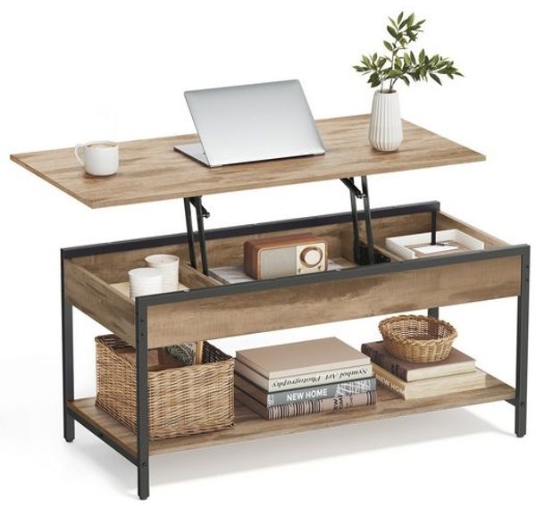 VASAGLE Couchtisch, Wohnzimmertisch mit Stauraum, höhenverstellbarer Sofatisch, für Wohnzimmer, 100 x 50 cm, kamelbraun-schwarz