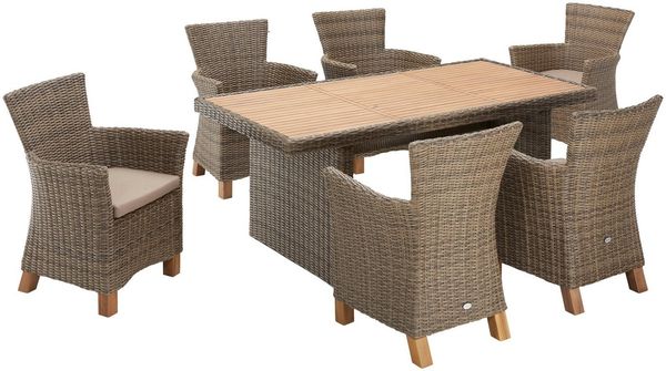 MERXX Garten-Essgruppe Toskana, (13-tlg, 6 Sessel, 1 Wangentisch 185x90 cm, inkl. Sitzkissen), Aluminium, Polyrattan, Akazienholz FSC 100 %, geeignet für 6 Personen
