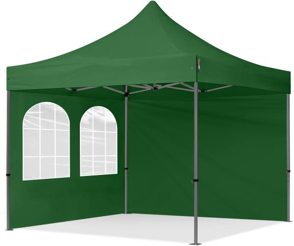 3x3 m Faltpavillon, PREMIUM Stahl 40mm, Seitenteile mit Sprossenfenstern, dunkelgrün