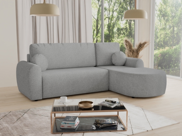 Ecksofa Jazz mit Schlaffunktion und Bettkasten - Bouclé-Stoff - L-Form Couch, Polstersofa, Schlafsofa, Sofagarnitur, Bettsofa (Grau (Coral 75), Ecksofa Rechts)