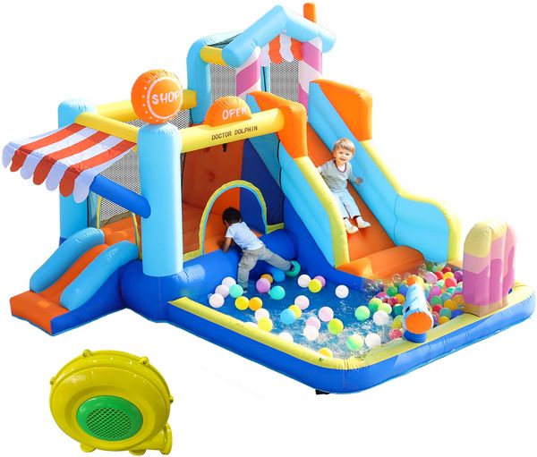 [Mit Gebläse] Kinder-Hüpfburg, multifunktionaler Outdoor-Wasserpark + Trampolin, Wasserrutsche, kleine Rutsche, Springbrunnen, Wasserpistolen, Ladenmarkise, inklusive 450W-Gebläse