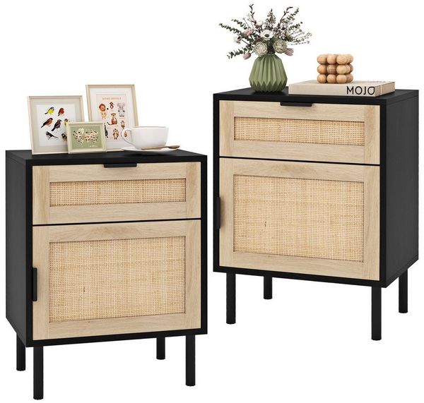 COSTWAY Nachttisch (2-St), Rattan Beistelltisch, Sofatisch, mit Schublade & Schrank