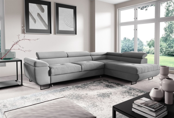 Ecksofa mit Schlaffunktion DECLAN Stoff Poso Hellgrau Ottomane Links