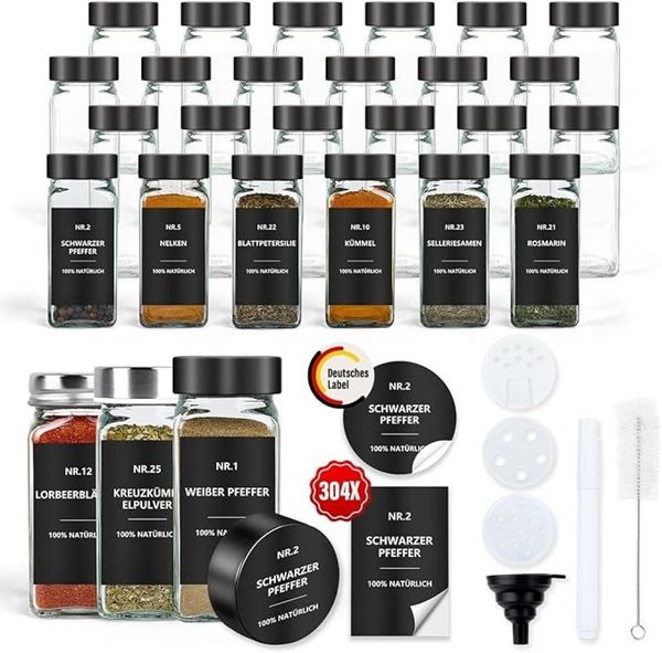 BBWL Pfefferstreuer Gewürzgläser Set eckig 120 ml mit Zubehör, 12er, 24er oder 36er Set, (24-tlg), luftdichte Gewürzdosen aus Glas mit Etiketten für Schubladen&Organizer