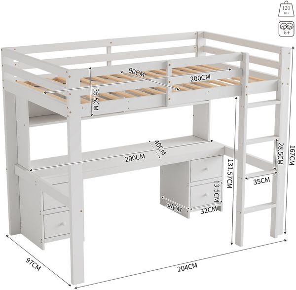 Bett 90x200 cm mit Schreibtisch und viel Stauraum – Hochbett aus Kiefernholz, platzsparend und sicher Bild 7