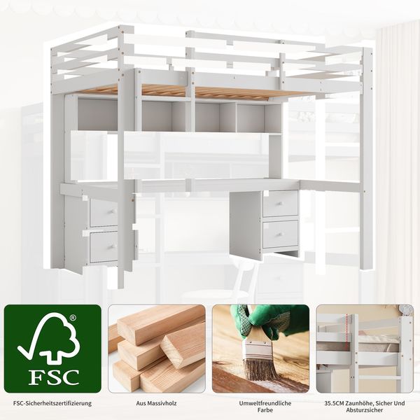 Bett 90x200 cm mit Schreibtisch und viel Stauraum – Hochbett aus Kiefernholz, platzsparend und sicher Bild 6
