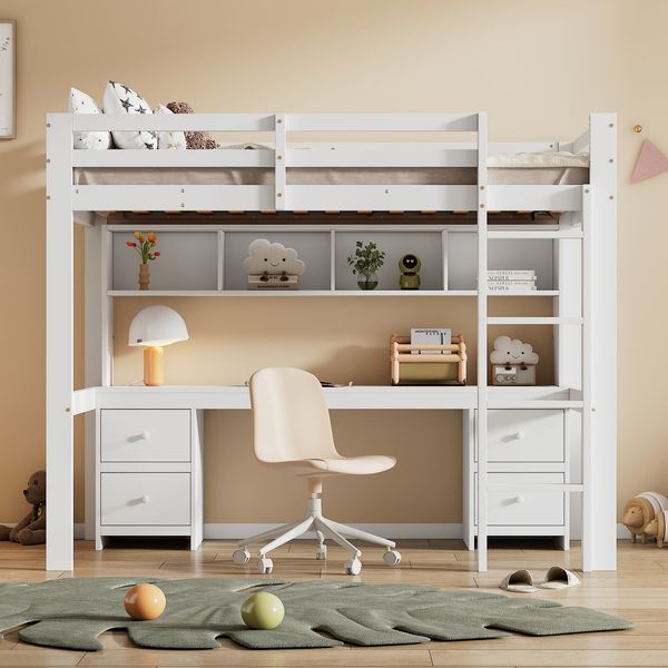 Bett 90x200 cm mit Schreibtisch und viel Stauraum – Hochbett aus Kiefernholz, platzsparend und sicher
