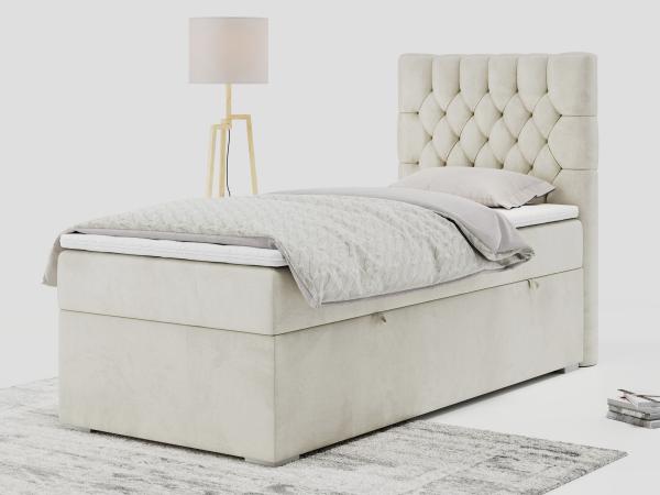 Boxspringbett PERA, Polsterbett mit Kopfstütze, gepolsterte Kopfstütze, Einzelbett, 90x200 - Beige Velours - rechts - H3