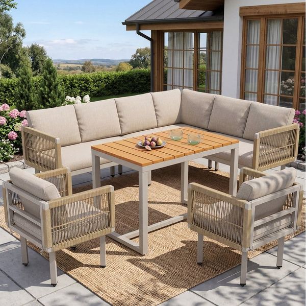 Flieks Gartenlounge-Set, 8-Sitzer Gartenmöbel Seilgeflecht, Ecksofa mit 2 Sesseln & Tisch