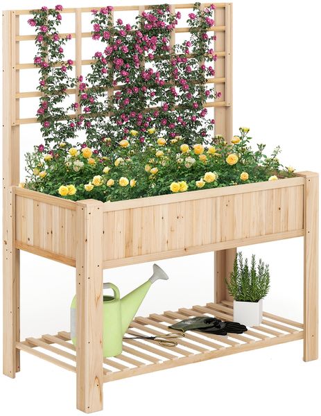 Hochbeet mit Spalier und Ablage Blumenbeet mit Ablauflöchern Gartenbeet Pflanzkasten Holz Blumenkasten 116 x 59 x 150 cm Natur