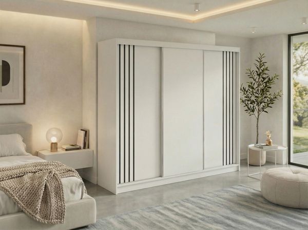 Schwebetürenschrank NAURU mit Lamellen-Optik, moderner Kleiderschrank, Breite 240 cm, inkl. Innenausstattung & Stauraum, Akustikpaneel-Design - Weiß und Schwarz