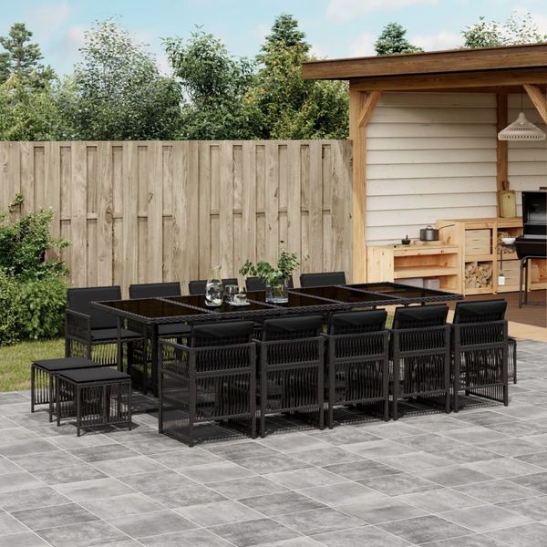 vidaXL 15-tlg. Garten-Essgruppe mit Kissen Schwarz Poly Rattan 3210991