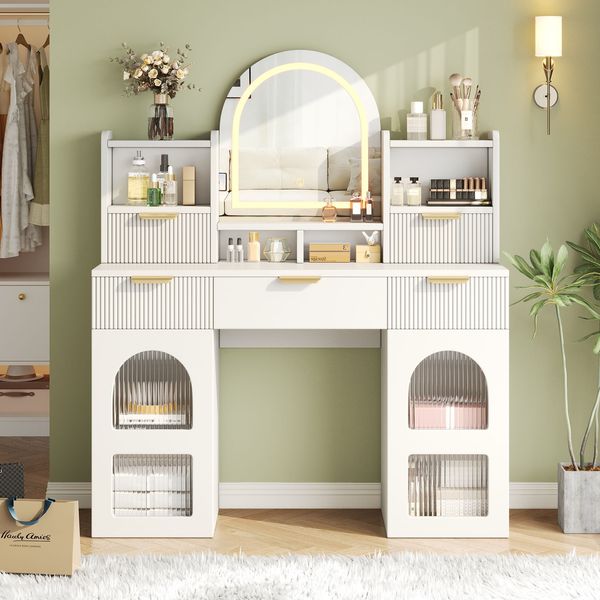 Merax Großer Schminktisch mit LED-Beleuchtung und Spiegel – Make-up-Tisch mit 3 Schubladen & 2 Glas-Schränken und Ablagen, fürs Schlafzimmer, weiß