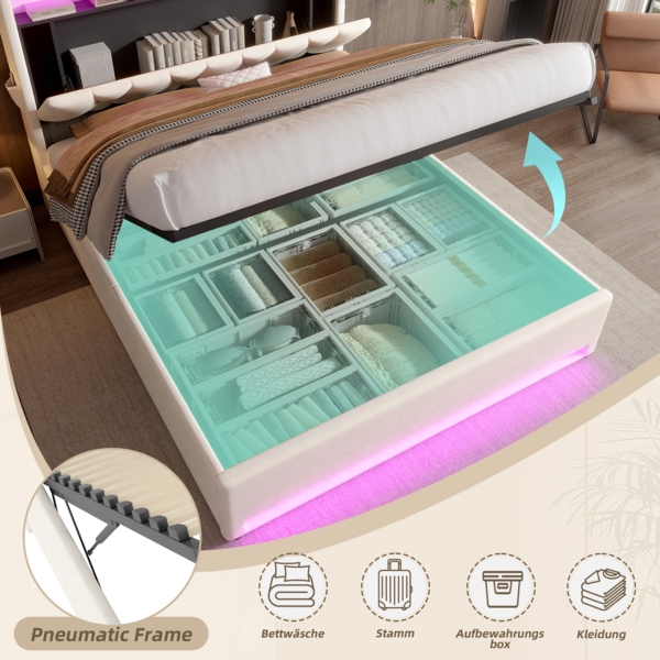 LVHOM Polsterbett 140x200cm mit LED&USB, Doppelbett mit versteckten Stauraum, Stauraumbett mit Lattenrost, Jugendbett mit Bettkasten, Samtstoff, Beige Bild 8