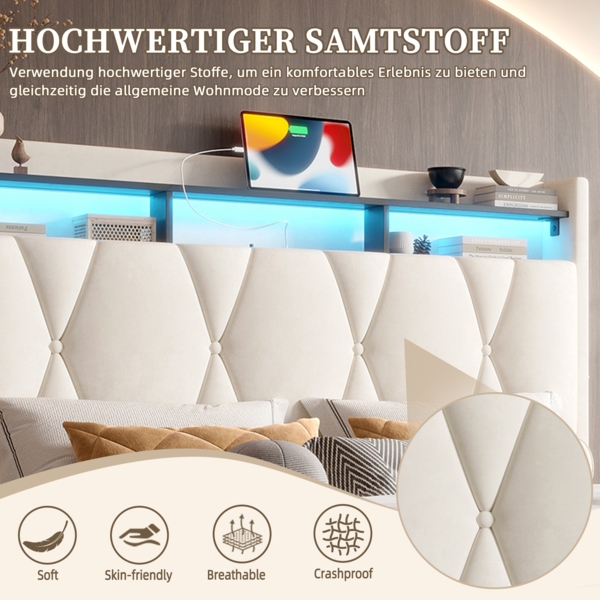 LVHOM Polsterbett 140x200cm mit LED&USB, Doppelbett mit versteckten Stauraum, Stauraumbett mit Lattenrost, Jugendbett mit Bettkasten, Samtstoff, Beige Bild 5