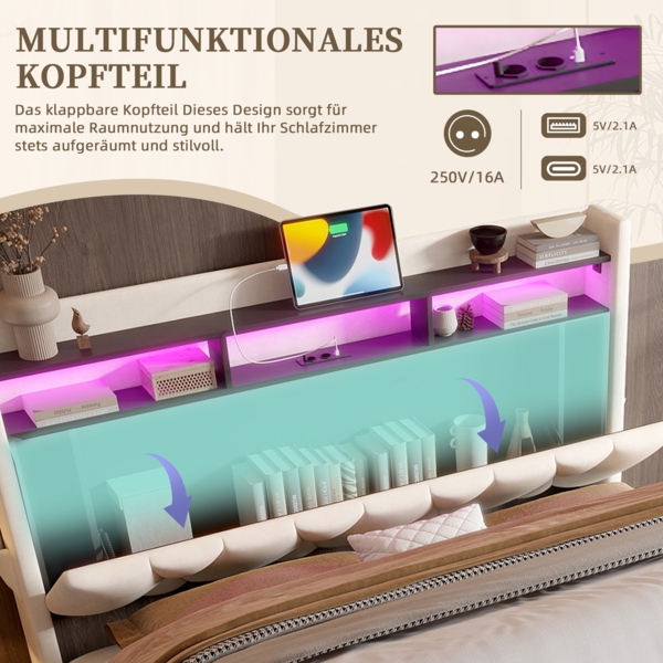 LVHOM Polsterbett 140x200cm mit LED&USB, Doppelbett mit versteckten Stauraum, Stauraumbett mit Lattenrost, Jugendbett mit Bettkasten, Samtstoff, Beige Bild 9